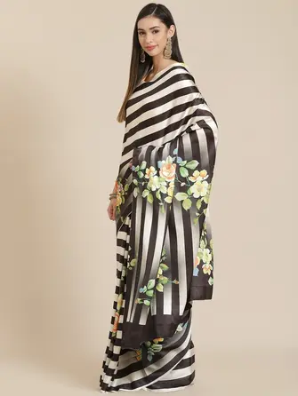 black-white-Striped-satin-silk-floral-printed-saree